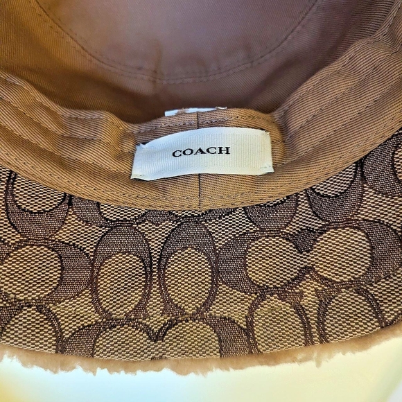 Coach Tan Sherpa Bucket Hat With Signature Jaquard Lining